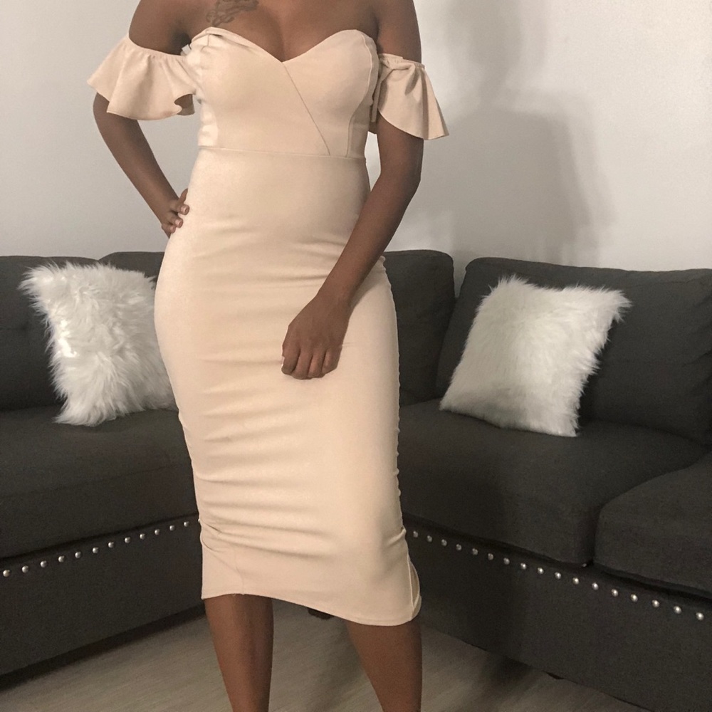 Strapless Stone Beige Midi Dress